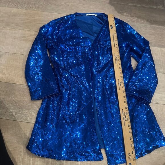 THANK PEARL WOMENS MEDIUM BLUE SEQUIN CARDIGAN SWEATER - Picture 3 of 7